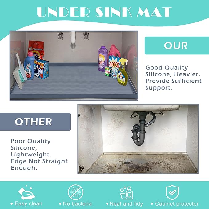 URMONA Waterproof Silicone Under Sink Mat 22'' x 14'' Shelf Liner for Kitchen and Bathroom, Cabinet and Counter Protector, Storage and Organizers, Litter Mat, Pet Cat Puppy Essentials(Dark Grey)