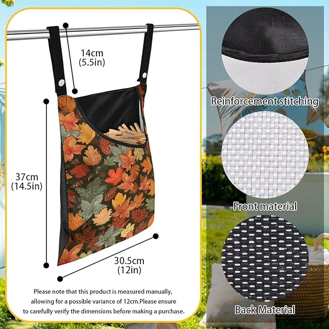 Fashion Maple Leaf Laundry Clothespin Holder Bag - 12x14.5 Inch Waterproof Hanging Organizer with Large Opening for Patio & Home