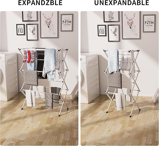 3 Tier Clothes Drying Rack,Foldable & Portable Clothing Drying Rack,Space-Saving Design, Indoor & Outdoor Laundry Rack for Drying Clothes,Metal Dryer Rack-White+Black