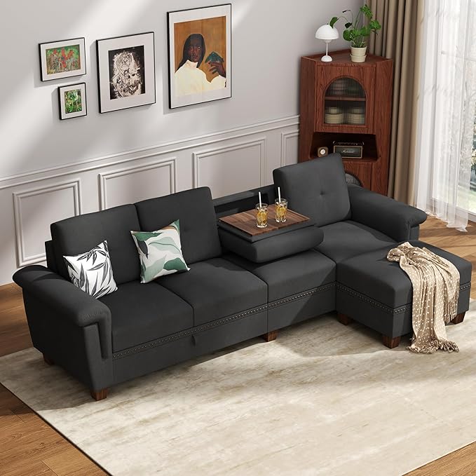 JAMFLY 108" Modular Sectional Sofa with Storage, L Shaped Sofa Couch with Reversible Ottoman, 4-Seat Convertible Sectional Couches with Cup Holders for Living Room, Apartment, Black