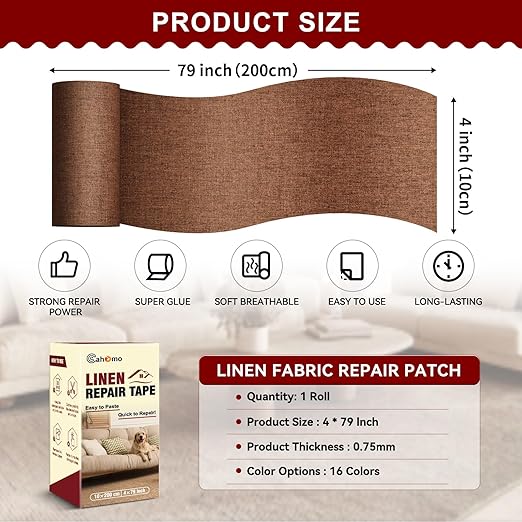 Linen Repair Tape 4x79 inch, Self Adhesive Fabric Patches, Linen Patch Tape Kit, Fabric Repair Tape for Couch Sofas, Headboards, Chairs, Pillows, Curtains, Couches - Brown