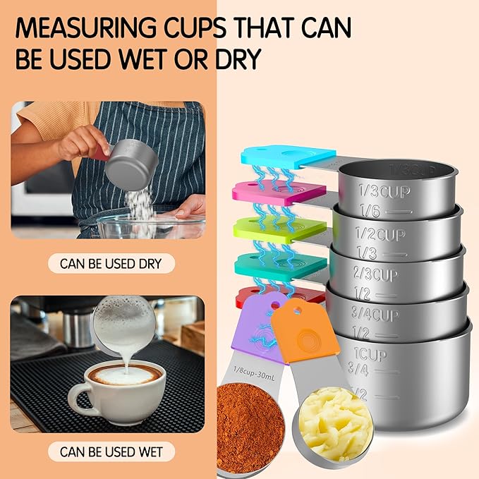 Magnetic Measuring Cups, 7 Stainless Steel Nesting Measuring Cup Set for Measuring Dry or Liquid Ingredients