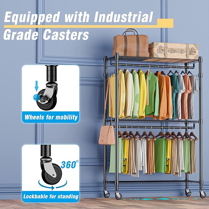 Homdox Rolling Garment Rack with Double Rod, Heavy Duty Clothing Rack with Shelves, Portable Clothes Rack, Free Standing Wardrobe Rack, with Lockable Wheels & Hanging Hooks, Max Load 450 LBS, Black