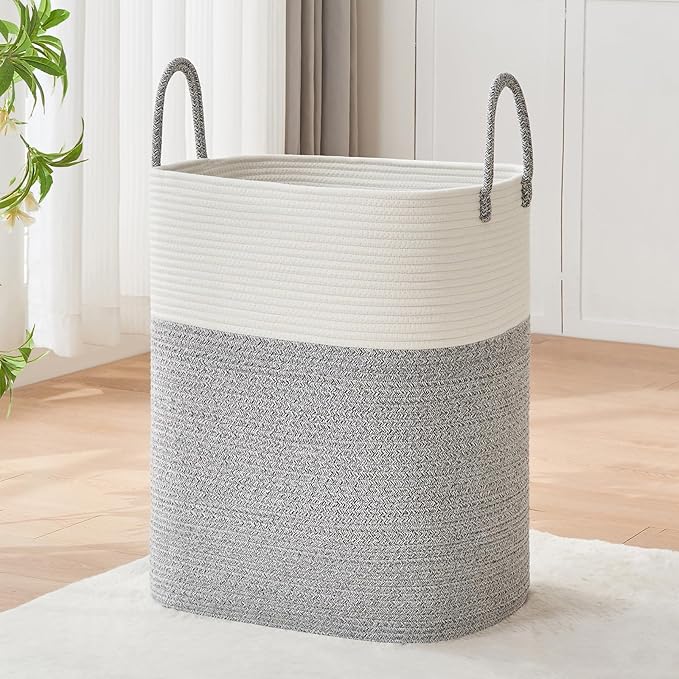 Laundry Basket with Handles - Blanket Basket & Hampers for Bedroom Aesthetic, Laundry Hamper & Blanket Storage for Living Room, Clothes Hamper, Tall, Large 17" x 14" x 24”, White & Grey