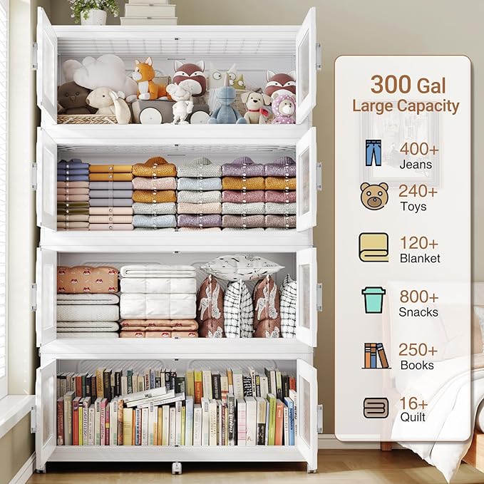 BROVIEW 900 Qt Stackable Storage Bin with Lid, 225Gal Extra Large Collapsible Storage Boxes, Folding Plastic Drawer, Heavy-Duty Store Cabinet, Closet Organizer for Home Kitchen, 3 Pack White
