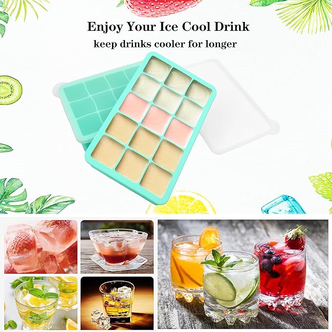 2 Pack Silicone Ice Cube Trays, Easy Release Flexible-15 Cubes Ice Cube Molds,Silicone Ice Cube Molds with Removable Lids for Cocktail, Whiskey, Baby Food, Chocolate-Reusable (Mint Green)