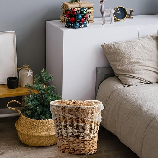2 Pcs Wicker Trash Can with 50 Small Trash Bag Wicker Waste Woven Basket with Handles Clear Multi Use Garbage Bags for Bathroom Kitchen Bedroom(Various Materials,Classic Style)