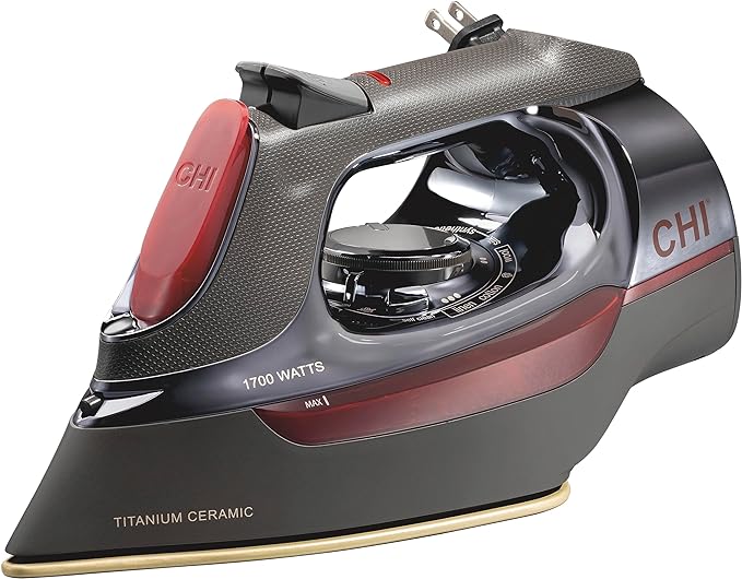 CHI Steam Iron for Clothes with 8’ Retractable Cord, 1700 Watts, 3-Way Auto Shutoff, 400+ Holes, Professional Grade, Temperature Control Dial, Titanium Infused Ceramic Soleplate, Black/Chrome (13109)