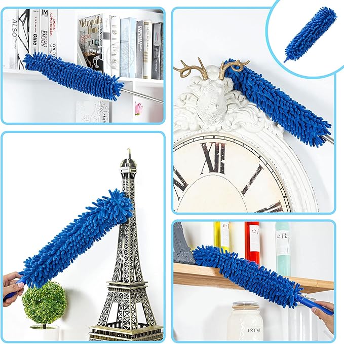 Duster, Microfiber Dusters with 2 Handle Sets, Durable 15-98.1 Inches Long Telescopic Rod, Washable, Feather Dusters for Cleaning Cobweb and Ceilings Fans, 5 Pack (Blue)