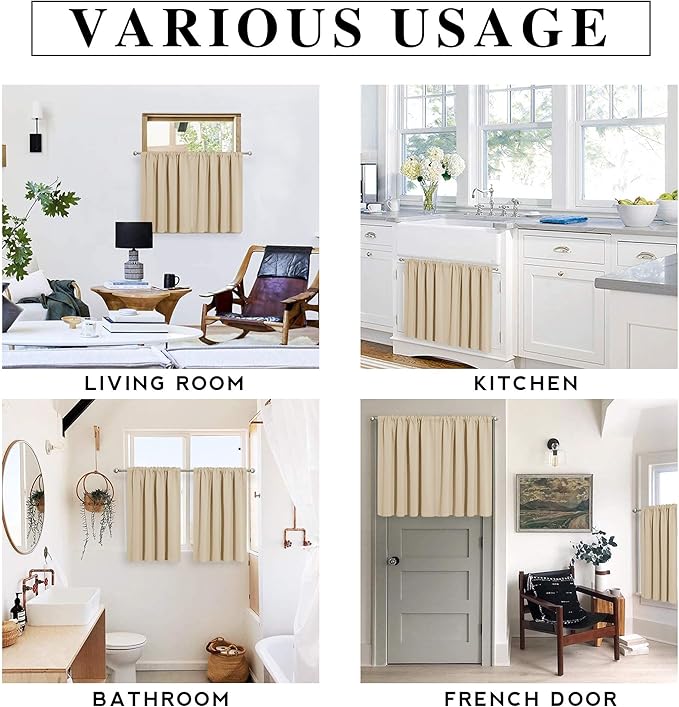 RYB HOME Room Darkening Short Curtains for Small Winow Decor Light Block Thermal Insulated Drapes for Kids Bedroom Bathroom Downstairs Window RV Curtains, 52 x 36, Biscotti Beige, 2 Panels