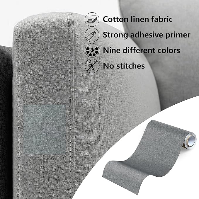 Fabric Repair Patches, Linen Repair Tape Self-Adhesive Fabric Patches Durable, DIY Large Linen Tape for Sofa, Couches, Furniture, Chair, Clothing （3.5X79 Inch, Grey）