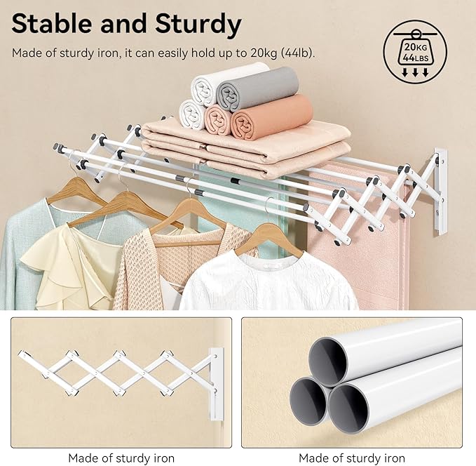 APEXCHASER Wall Mounted Clothes Drying Rack, Laundry Drying Rack Retractable, Towel Racks Wall Mounted for Bathroom Balcony Laundry Room Indoor, Foldable Accordion Dryer Rack for Clothing, White