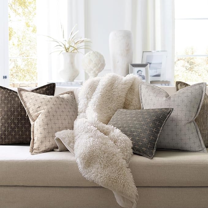 Pillow Covers 24x24 Set of 2 Soft Polyester Textured Pillow Covers with Stylish Flange Edge Cozy Farmhouse Throw Pillows for Couch Bed Sofa Living Room