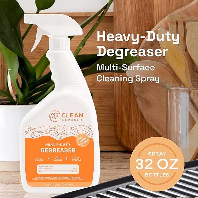 Clean Republic Heavy-Duty Degreaser, Multi-Surface Cleaning Spray for Ovens, Stove Tops, Grills, and More, 32 Fluid Ounce Bottle, 2-Pack