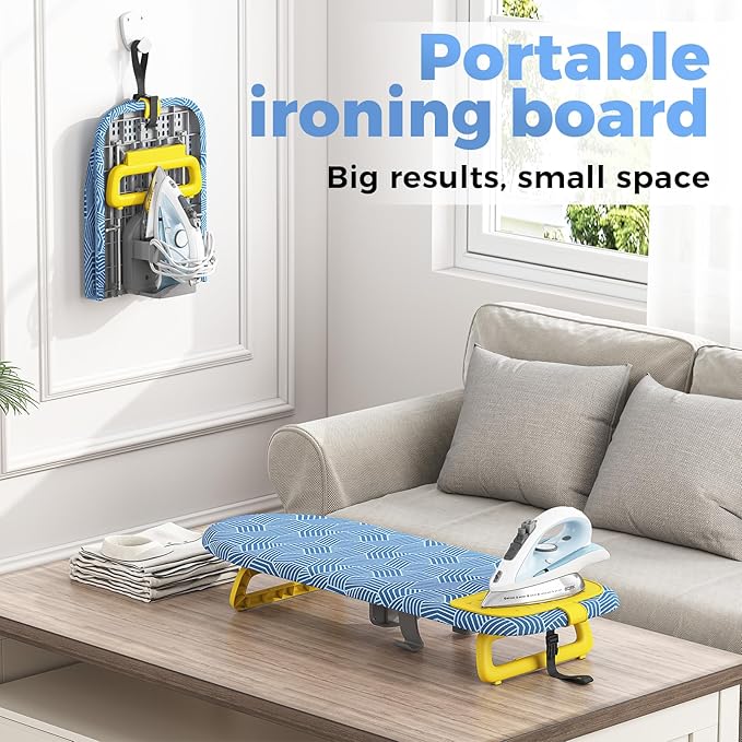 KINGBOARD Tabletop Ironing Board, Small Ironing Board with Iron Holder, Foldable Mini Iron Board, Easy Storage for Travel & Dorm, 12x32 Blue