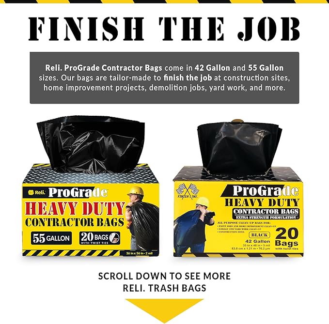 Reli. Contractor Garbage Bags 55 Gallon | 40 Trash Bags | Heavy Duty | Black Contractor