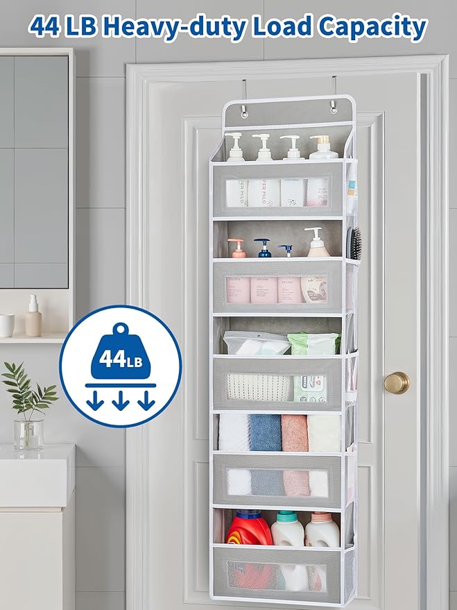 JARLINK Over The Door Organizer, 5 Shelf Door Hanging Organizer with 5 Large Pockets, 44 lbs Weight Capacity Hanging Storage for Bathroom, Bedroom, Nursery, RV, Pantry (Light Grey)