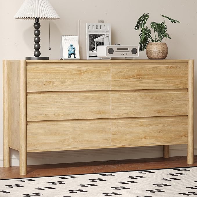 Dresser for Bedroom with 6 Drawers,47" Wide Oak Dresser with 4 Solid Wood Legs, Wooden TV Stand,Closet Clothes Organizer for Bedroom, Hallway
