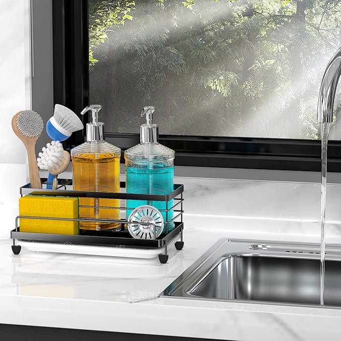 Cisily Large Black Sponge Holder for Kitchen, Sink Caddy Sink Organizer Rack for Kitchen Accessories with Drip Tray, Rustproof and Non-slip, Soap Dispenser Countertop Organizer Essentials for New Home