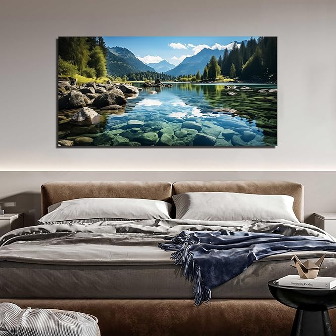 GUGIKA Landscape Wall Art for Living Room, Mountain and Lake Wall-Decor for Bedroom, Natural Scenery Canvas Prints Pictures for Hallway Office, Size 59 x 29 Inches