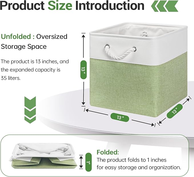 13x13 Inch Cube Storage Bins with Reinforced Bottom Cardboard, 6 Pack Large Collapsible Fabric Storage Cubes with Handles for Shelf, Closet, Toy, Laundry Organization (White&Green)