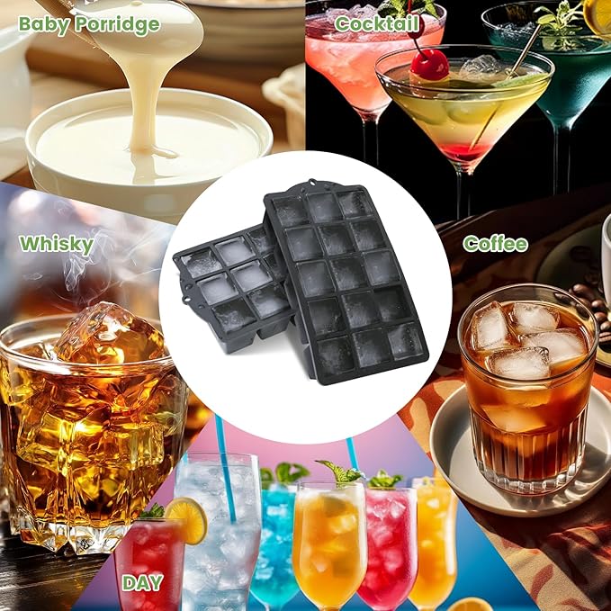 Silicone Ice Cube Tray, 2 Pack Easy-Release Stackable Ice Trays for Freezer with Lid 15 Reusable Cubes, Food Grade BPA Free Ice Molds for Whiskey, Baby Food, Coffee, Cocktail, Drinks (Black)