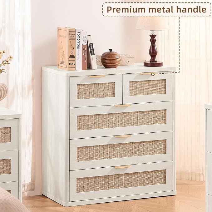 LEYAOYAO White Dresser for Bedroom, 33.5" Tall Chest of Drawers, Modern 5 Drawers Boho Rattan Dressers with Storage, Dresser Wooden Closet Organizer for Living Room, Hallway