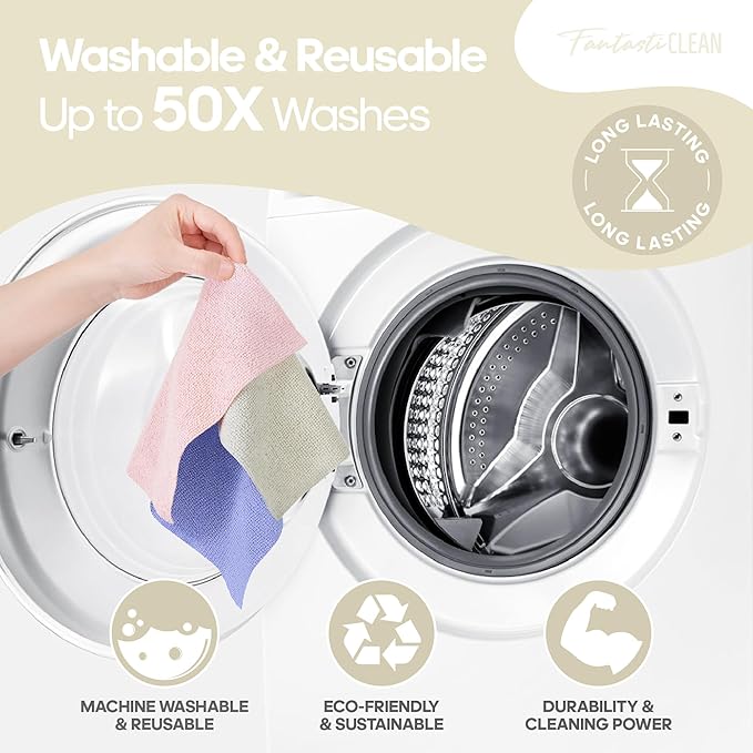 Fantasticlean Microfiber Cleaning Cloth Roll 2 Rolls 120 Pack, Tear Away Paperless Towels, 8" x 8", Reusable Washable Rags, Home Kitchen, Pet, Office, Indoor Outdoor, Compact Portable (Off-White)