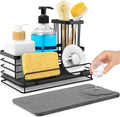Sponge Holder for Kitchen Sink – Rustproof Sink Caddy & Kitchen Organizer with High Brush Holder, Fast Drying Diatomite Base, 304 Stainless Steel Dish Sponge Rack(Black)