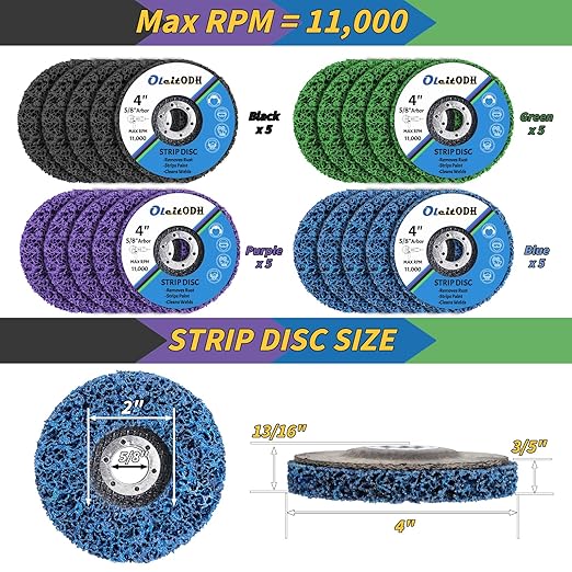 20 Pcs 4" x 5/8" Strip Discs Bulk, Paint Stripping and Rust Removal Wheels for Angle Grinders, Abrasive Grinding Discs for Metal, Wood, and Fiberglass, Blue+ Purple+ Green+ Black
