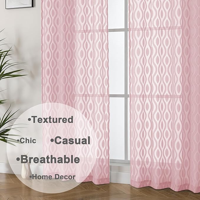 Aiyufeng Sheer Curtains 72 Inches Long for Living Room 2 Panels Set, Light Filtering Clip Jacquard Textured Sheer Bedroom Curtain, Chic Wavy Line Sliding Door Curtains, Blush Pink, 40" Wx72 L Inches
