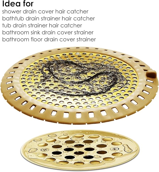 2PCS Hair Catcher Shower Drain/Strainer/Cover/Filter/Trap, Bathtub Drain Cover Hair Catcher, Hair Stopper for Bathroom Sink/Floor Drain, Stainless Steel and Silicone Drain Strainer, Gold