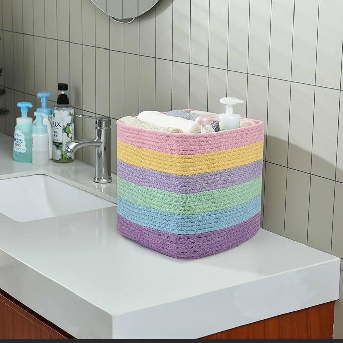 3 Pack Storage Cubes 11 Inch Cotton Rope Woven Baskets for Organizing Cube Bin Square Shelves Organizer,Classroom,Kids Toy Bins,Closet,Baby Nursery(Light Rainbow)