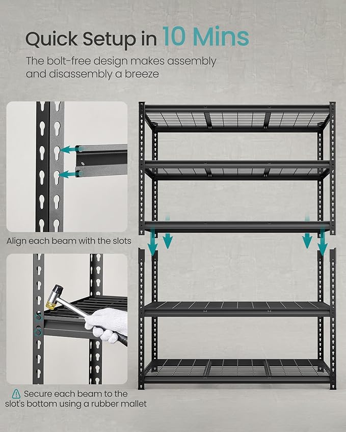 SONGMICS 5-Tier Storage Shelves, Heavy-Duty Garage Shelving, Adjustable Shelving Unit, Steel Shelf, Boltless Assembly, for Garage, 2,200 lb Load, 24 x 144 x 72 Inches, Ink Black UGLR454B03