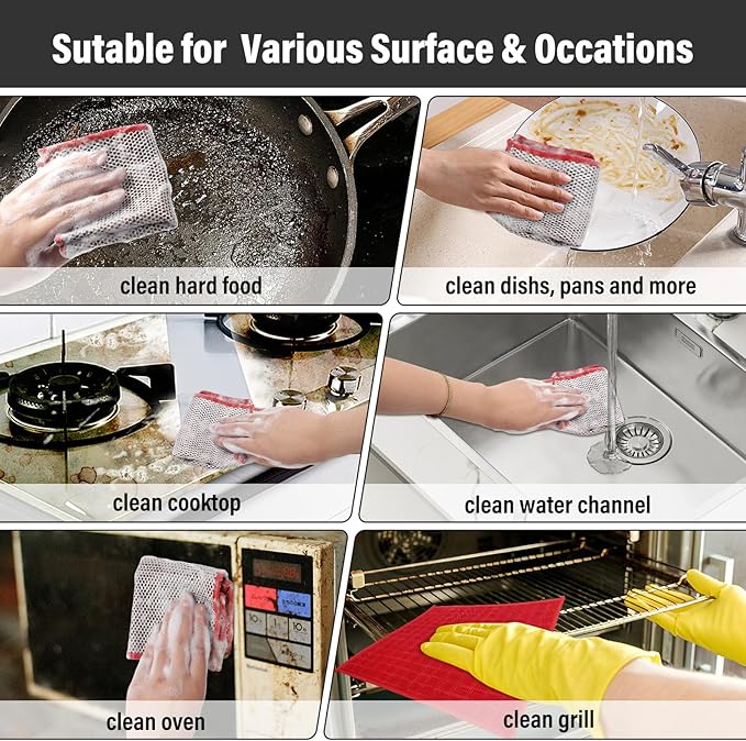 Dish Rags for Washing Dishes 8 Pack Multipurpose Wire Miracle Cleaning Coths Non-Scratch Wire Dishwashing Rag Lint Free Microfiber Cleaning Cloth for Kitchen Windows (Red)
