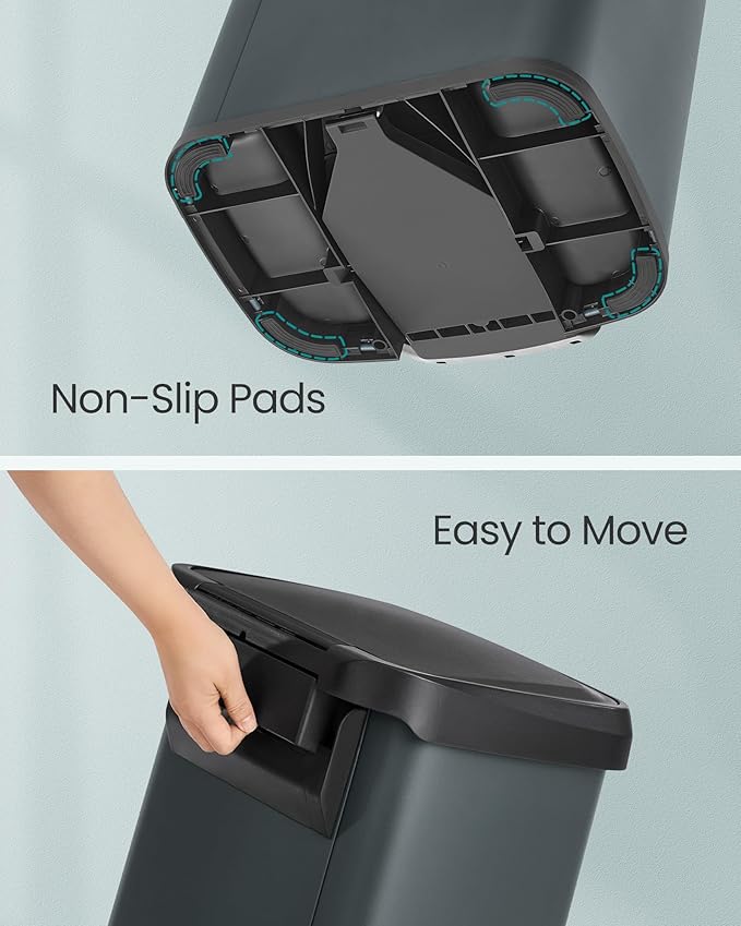 SONGMICS Kitchen Trash Can, 18-Gallon Stainless Steel Garbage Can, with Stay-Open Lid and Step-on Pedal, Soft Closure, Tall, Large and Space-Saving, Charcoal Gray and Black ULTB520G01