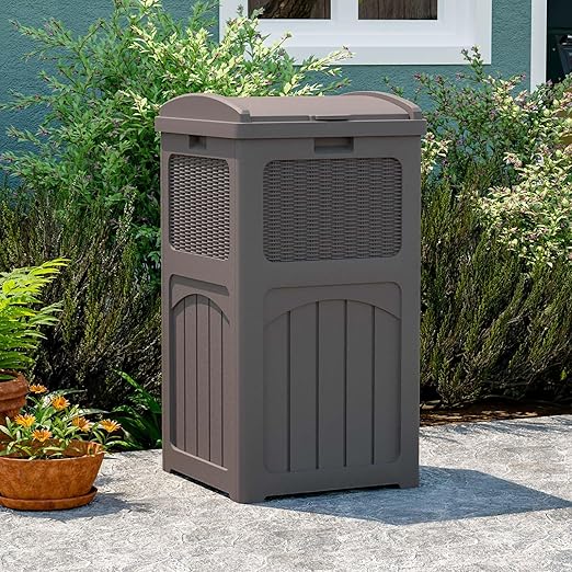 Patiowell 36 Gallon Outdoor Trash Can, Resin Outdoor Garbage Can with Lid for Patio, Backyard, Deck, Dark Brown