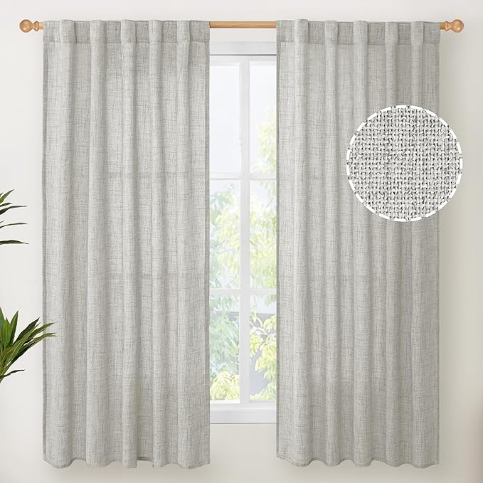 YoungsTex Linen Curtains 63 Inch Length for Living Room, Light Grey Semi Sheer Drapes Rod Pocket Back Tab Light Filtering Window Treaments for Bedroom Office, 38 X 63 Inch, 2 Panels