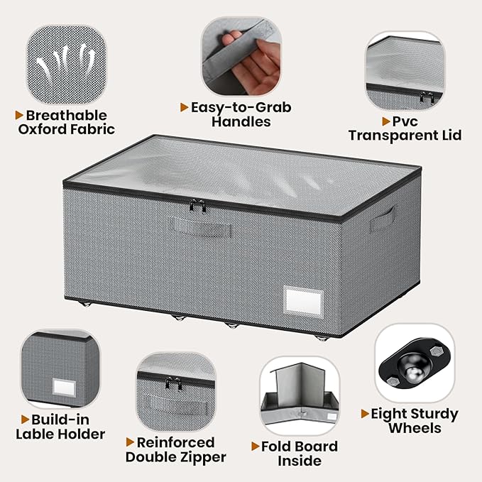 Underbed Storage with Wheels, 2 Pack Under Bed Storage Containers with Clear Lids, No Assembly Required 10.1 inch Rolling Under Bed Storage for Clothes, Grey