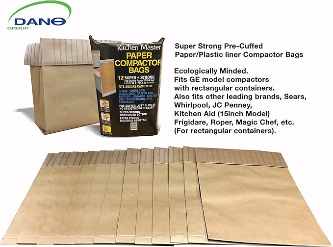 Kitchen Master Super Strong Compactor Bags (48 Pack) | Precuffed, Garbage Compactor Bags, Hardware for Kitchens, Paper Trash Bag, Kitchen Essential, Paper & Plastic Lined