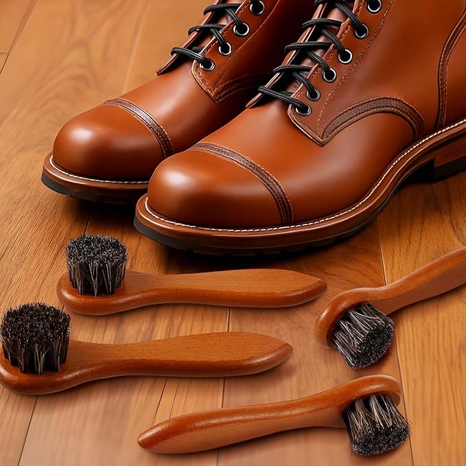 4 Pcs Horsehair Shine Shoes Brush Kit Polish Dauber Applicators Cleaning Leather Shoes Boots Care Brushes Suede Cleaner Brush with Microfiber Shoe Cloth(Brown Handle B)