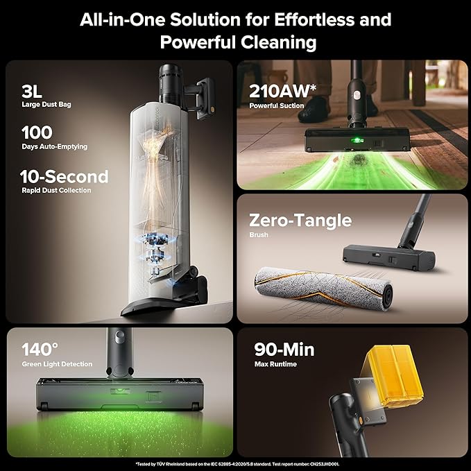 roborock H60 Hub Ultra Cordless Vacuum Cleaner with Auto-Empty Dock, Upgraded 210AW Suction Stick Vacuum for Home and Hard Floors, 90-Min Runtime, Anti-Tangle Brush, 140° Green LED Dust Detection