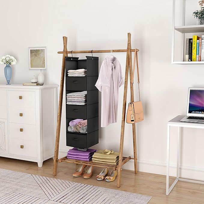 MAX Houser 6 Tier Shelf Hanging Closet Organizer, Closet Hanging Shelf with 2 Sturdy Hooks for Storage, Foldable (Black-D3)