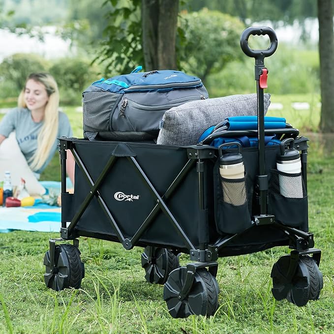 PORTAL Collapsible Folding Utility Beach Wagon Carts Heavy Duty with All Terrain Wheels for Outdoor, Camping, Garden, Shopping, Groceries, Foldable, Large Capacity, Portable, Black