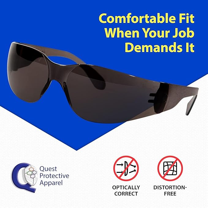 Quest Protective Apparel Safety Glasses for Men and Women - Anti Fog Safety Goggles for Shooting, Lab, or Construction – Polycarbonate Eye Protection [Smoke & Pack of 144 Pairs]