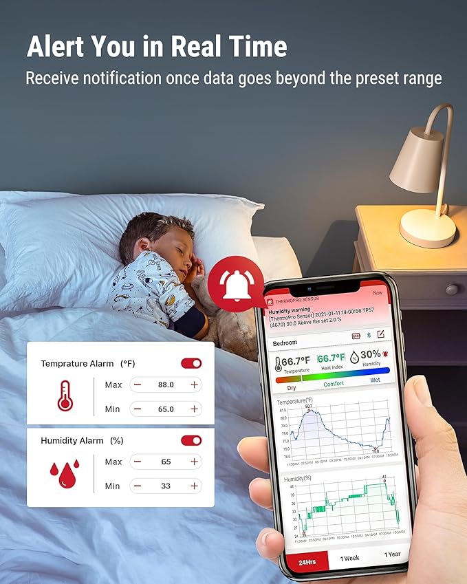 ThermoPro TP357 Digital Hygrometer Indoor Thermometer of 260FT, Bluetooth Humidity Meter with Smart App, Room Humidity Gauge with Humidity Sensor, 2-Year Data Storage and Export