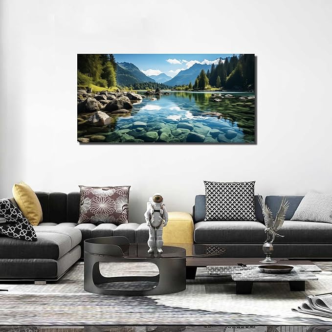 GUGIKA Landscape Wall Art for Living Room, Mountain and Lake Wall-Decor for Bedroom, Natural Scenery Canvas Prints Pictures for Hallway Office, Size 48 x 24 Inches