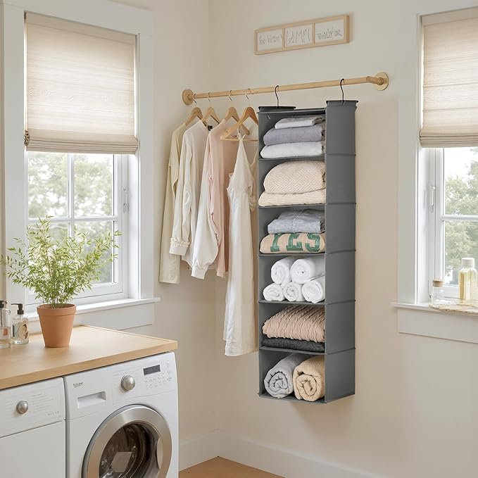 GRANNY SAYS 6 Shelf Hanging Closet Organizers and Storage, Collapsible Closet Hanging Organizer with 2 Sturdy Hooks, Large Hanging Shelves for Closet, Bedroom, Dark Gray