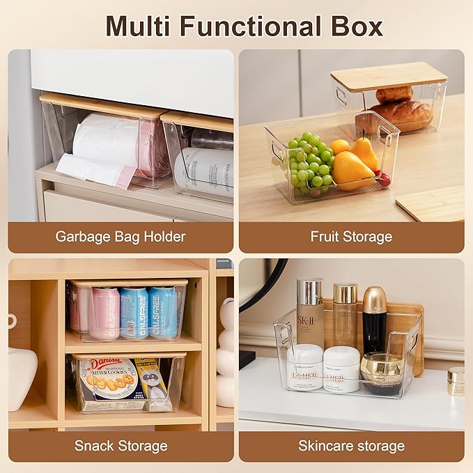 Citylife Stackable Storage with Bamboo Tops and Handles, Laundry Room Organization and Storage for Home, Kitchen, Under-Sink Garbage Bag Dispenser