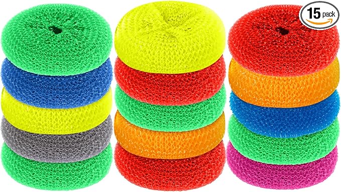 Blulu Plastic Dish Scrubbers for Dishes Pot Round Nylon Pad, Mesh Scouring Non Scratch Pads(Rainbow Colors,15 Pieces)